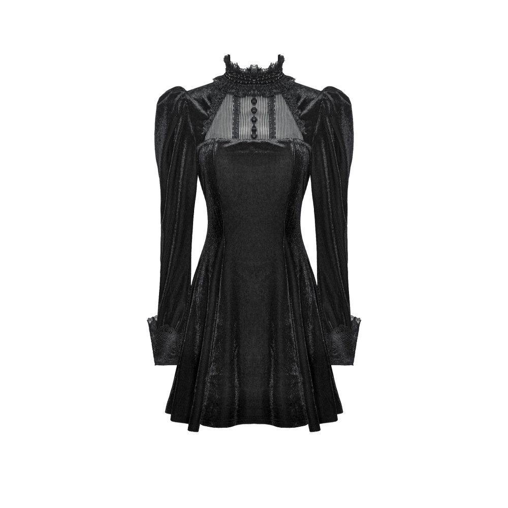Dark in Love - Gothic Velvet Lace Long-Sleeve Robe courte - Noir